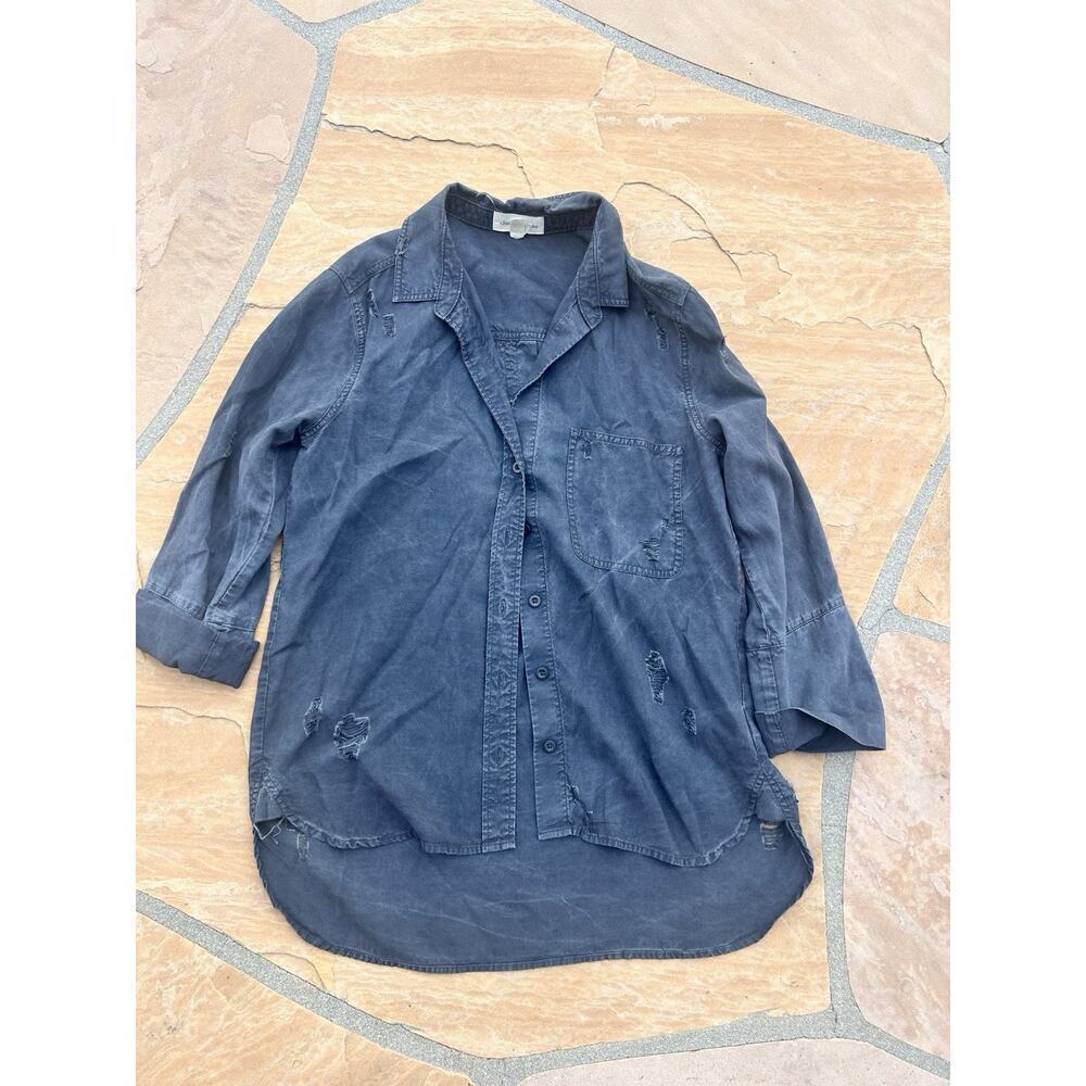 Anthropologie Cloth & Stone Tencel S Gray Oversized Button 3/4 Sleeve Top LS
